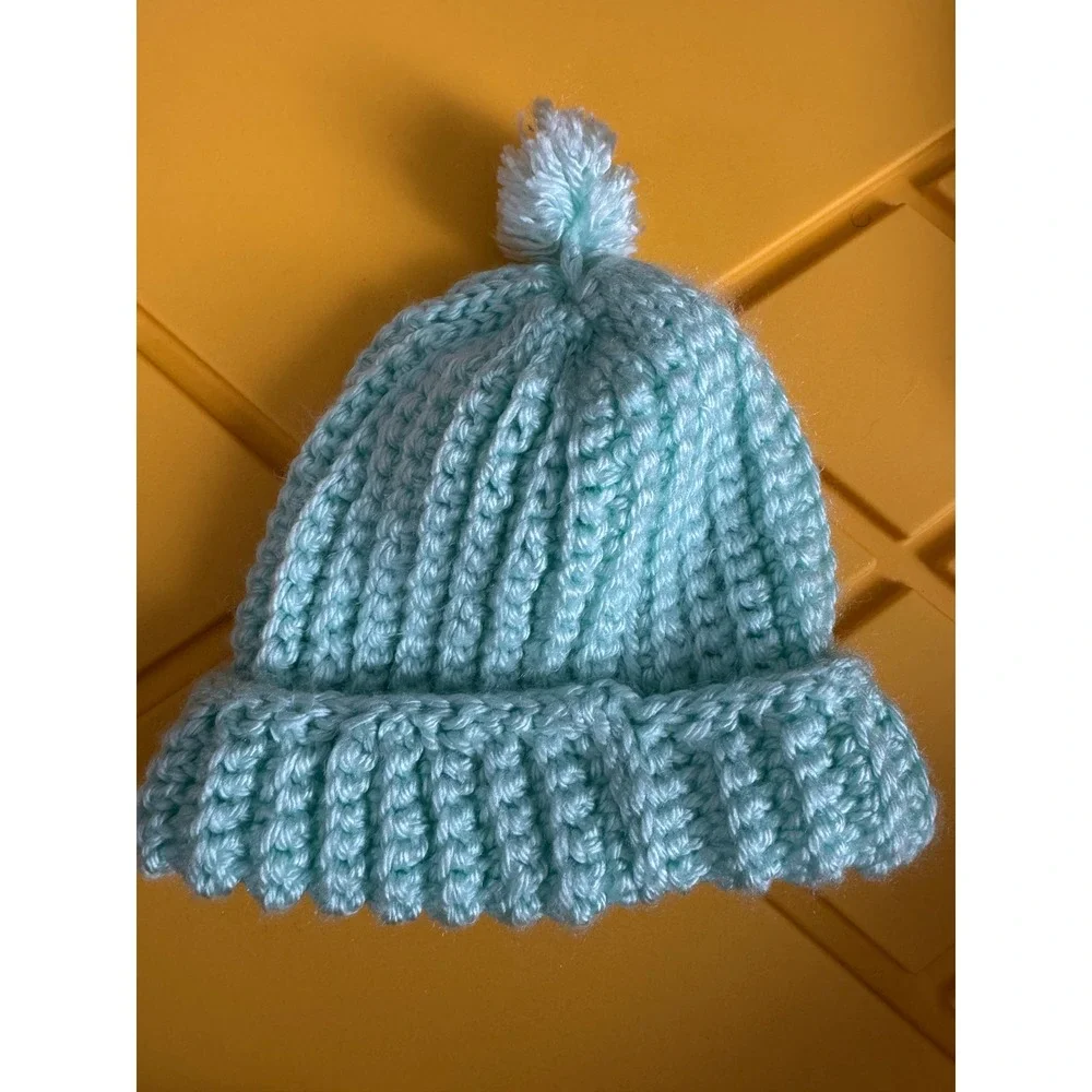 Handmade by Virginia Kids Crochet Beanie Mint Green/Blue Pom Pom Knit Winter Hat